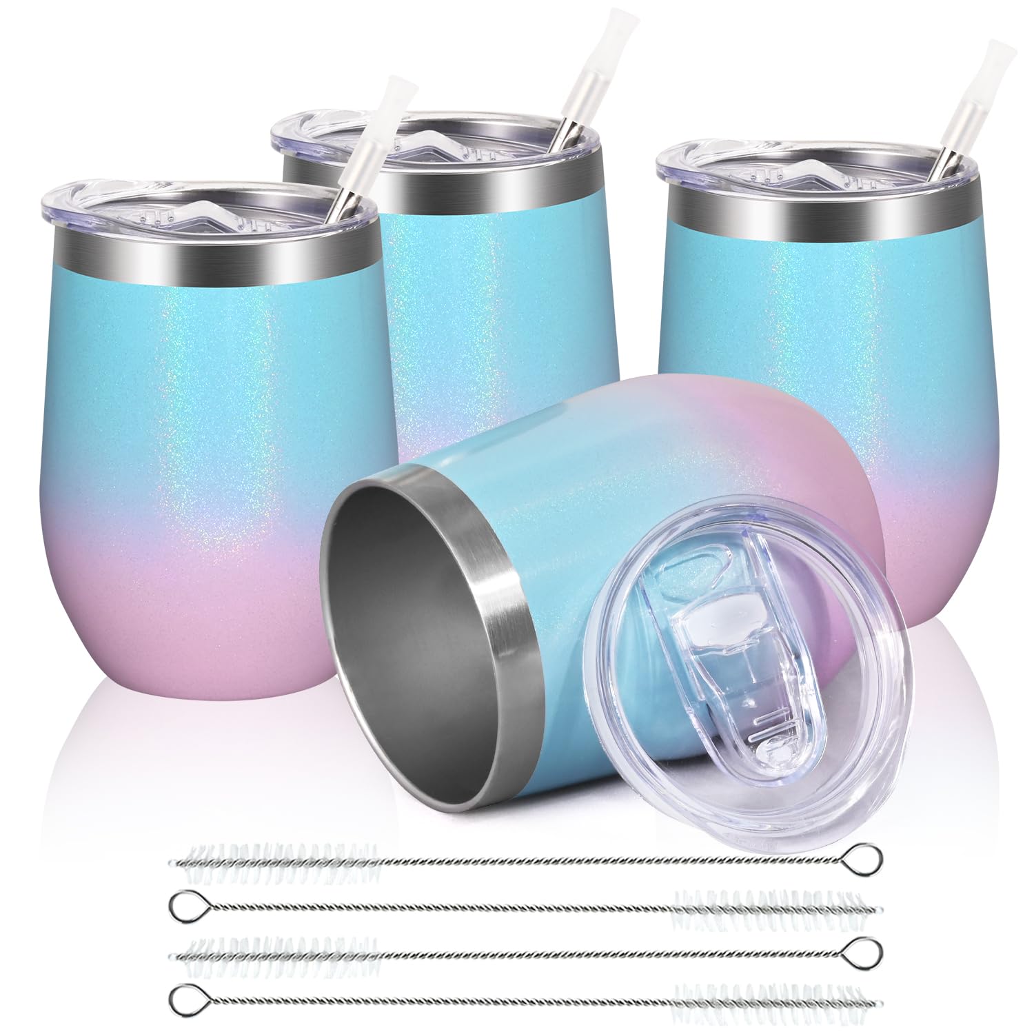 Reusable Coffee Cup, Double Walled -Insulated Travel Mug Vacuum Stainless Steel Wine Tumbler with Spill Proof Lid, Great for Hot Cold Drinks Coffee Wine, 4 Piece Set 12 Oz Light Blue Light Pink