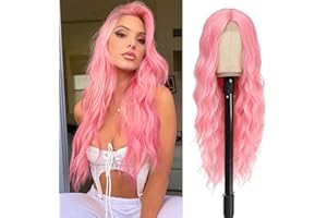 BUPPLER Cosplay Long Pink Wig 28 Inch Middle Part Synthetic Wig Realistic Gifts Party Wigs for Women Daily Use Colorful Wigs (Pink)