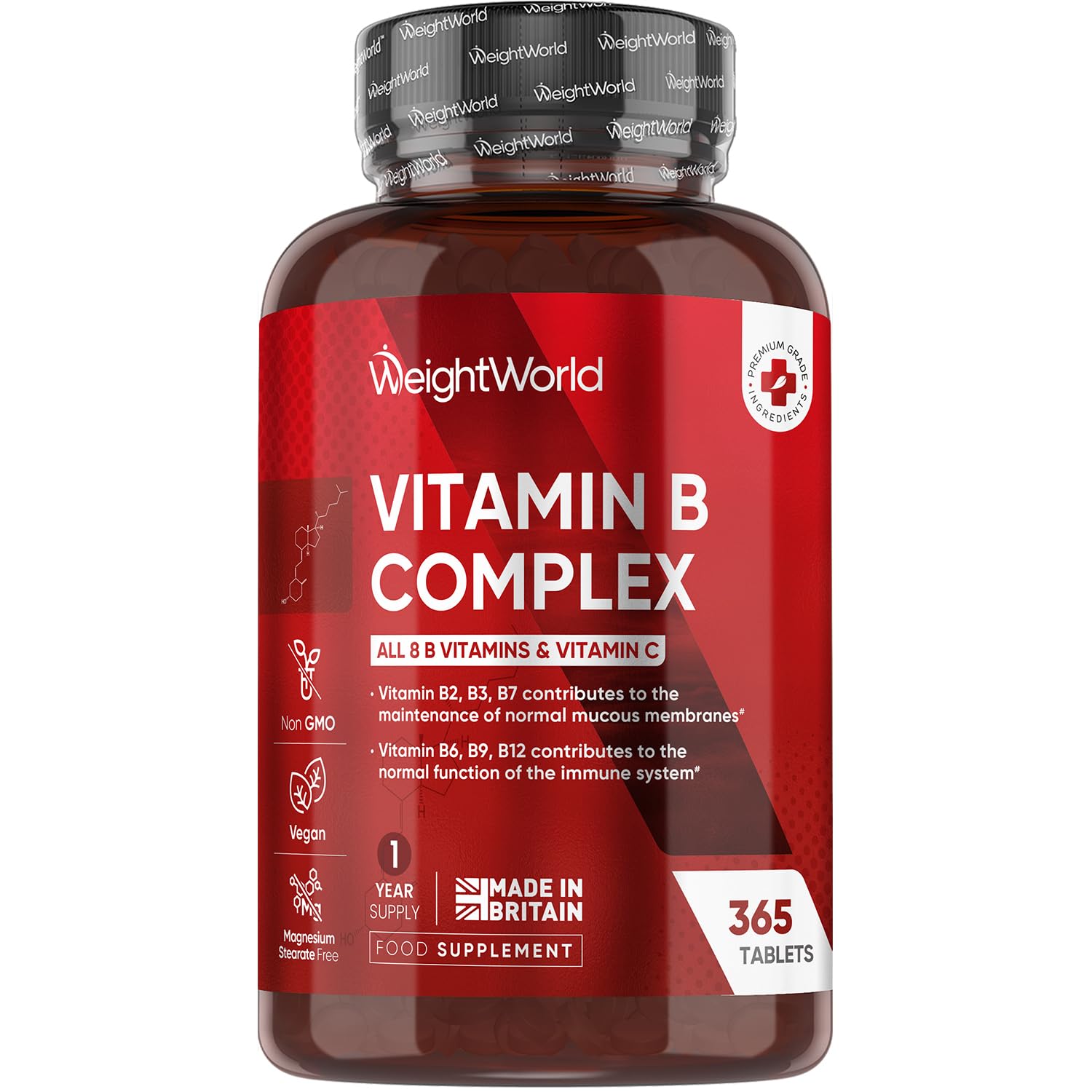 Vitamin B Complex Supplement - 365 Tablets - 1 Year Supply - with All 8 B Vitamins & C - 1 Tablet-a-Day - Non-GMO, Gluten-Free & Vegan-Friendly - for Men & Women