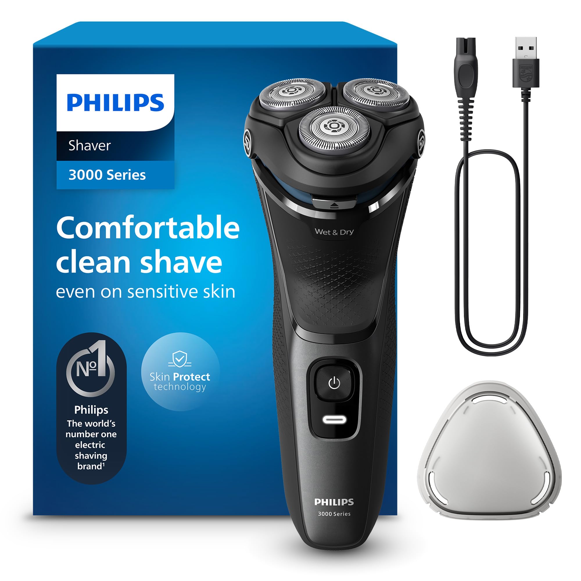 Philips Electric Shaver Series 3000 - Rasoir électrique Wet & Dry pour hommes avec technologie SkinProtect, couleur Lune foncée, tondeuse à barbe rétractable, Rasoir sans fil (modèle S3145/00)