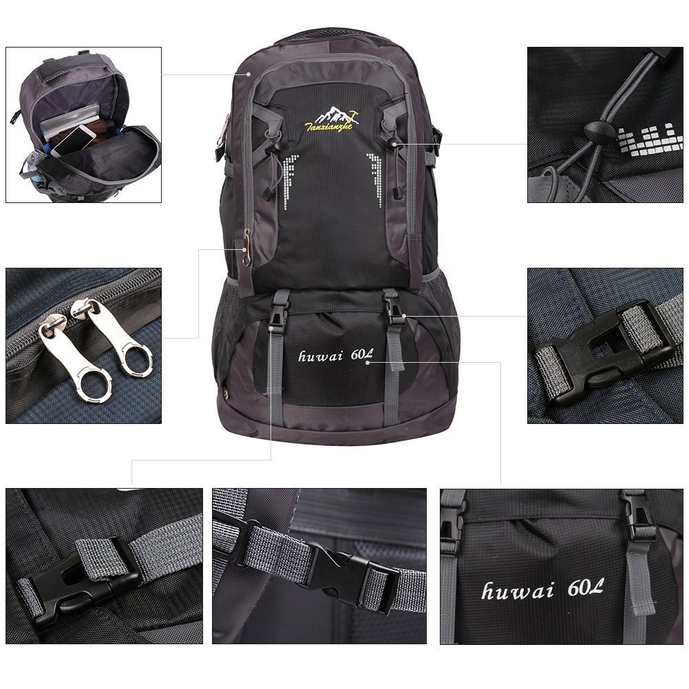 60 L Waterproof Ultra Lightweight Packable Climbing Fishing Backpack Hiking Daypack,Internal Frame Backpack,Handy Foldable Camping Outdoor Backpack Bag with a Rain Cover (Black, 60L)