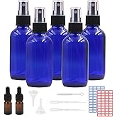 Omawrf 5Pcs Blue Boston Glass Spray Bottles for Essential Oils, 4oz Empty Small Fine Mist Spray Bottle with 5ml Dropper Bottl