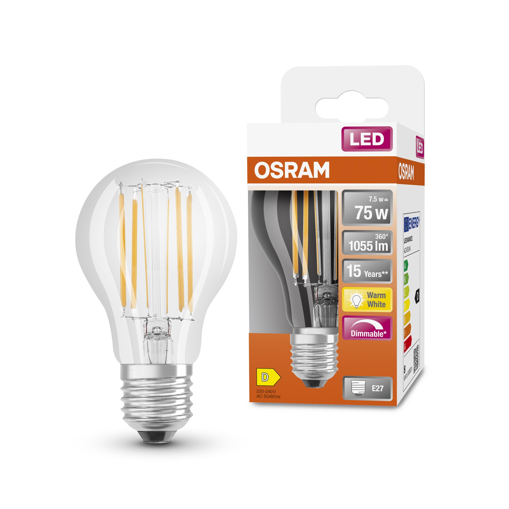Osram LED Lamp | Base: E27 | Warm White | 4000 K | 9 W | for 75 W | LED Retrofit Classic A DIM, Single-Pack
