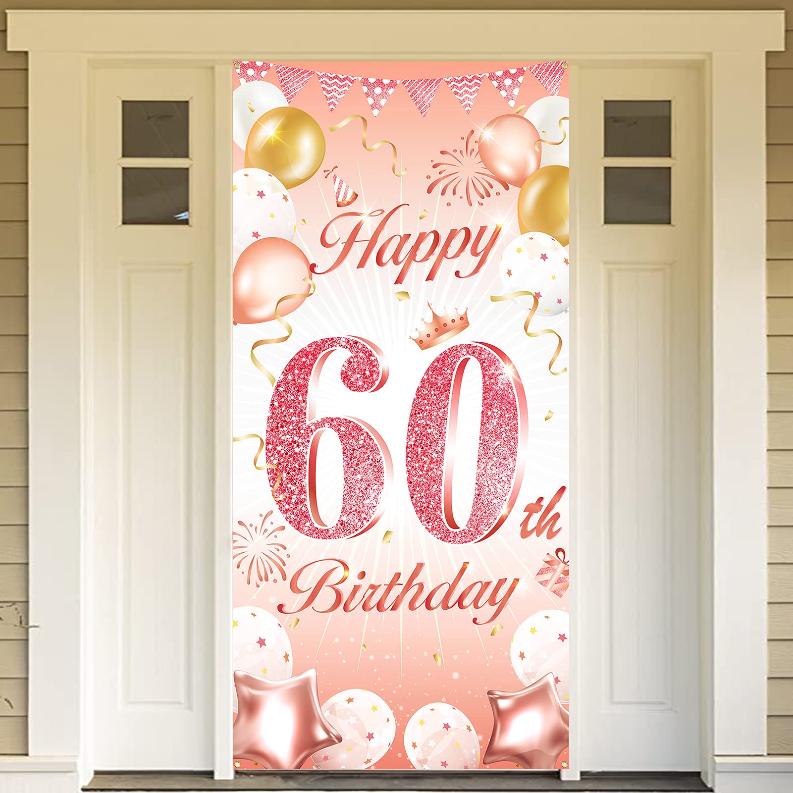 DPKOW Rose Gold 60th Birthday Party Decoration Woman, Rose Gold 60th Birthday Banner for Backdrop Door Decoration for Garden Table Wall, 185 x 90cm Fabric โ image 1