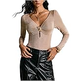 SOLY HUX Women's Long Sleeve Bodysuits Deep V Neck Fitted Tees Leotard Fall Going Out Tops