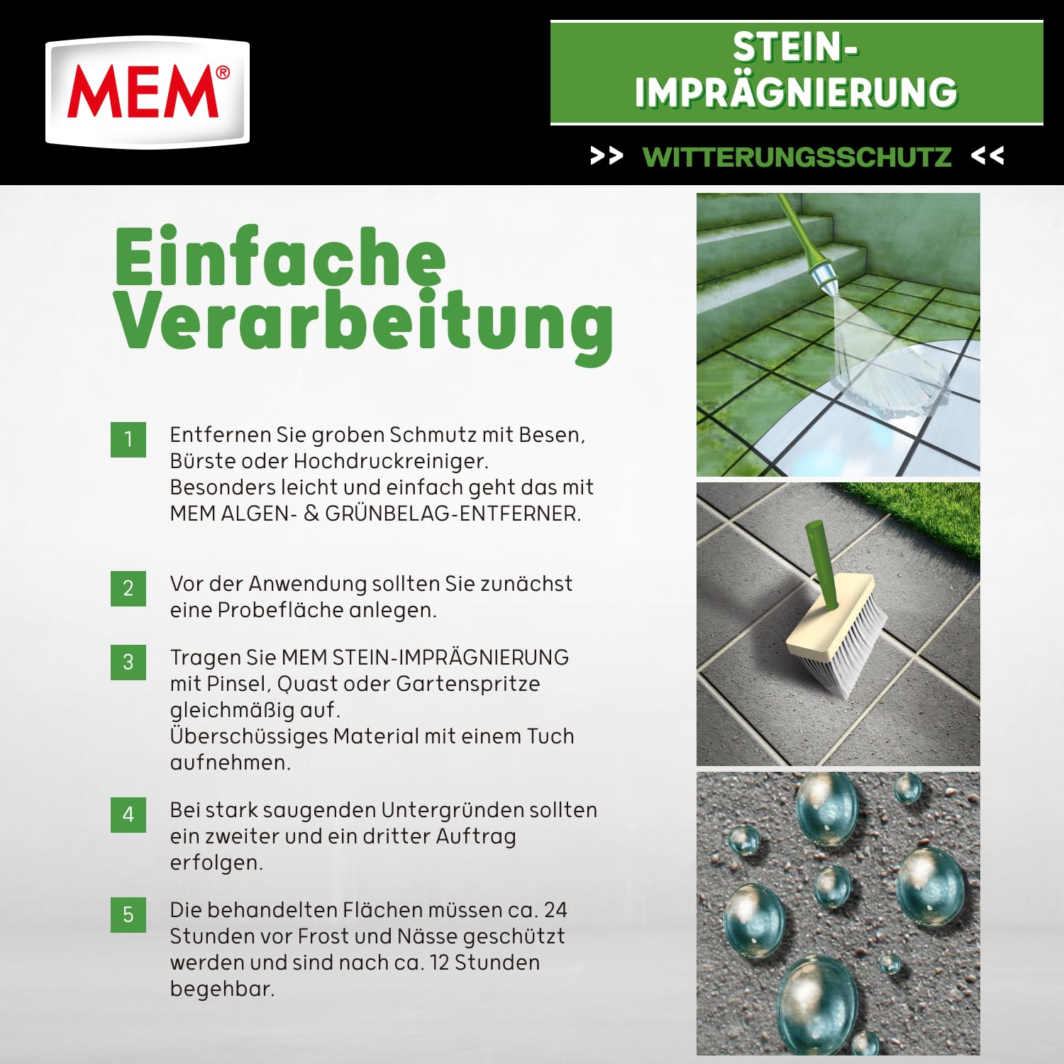 MEM Stein-Imprägnierung, Wasser- und schmutzabweisend, Schützender Abperleffekt, Lösemittelfrei, Transparent, 5 l 6