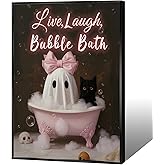 Halloween Anvas Wall Art Pink Bow Coquette Ghost And Black Cat Bathtub Bath Poster Ghost Black Cat Live Laugh Bubble Bath Prints Cute Spooky Bathroom Decor For Girls Bedroom 12x16in Unframed