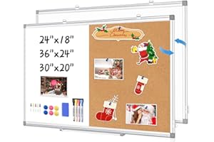 WALGLASS Combination Magnetic White Board & Cork Board, 24"x18" Cork Board White Board Combo for School, Office&Home, Dry Erase Board Bulletin Board with Removable Tray, Pins, Eraser, Markers&Magnets