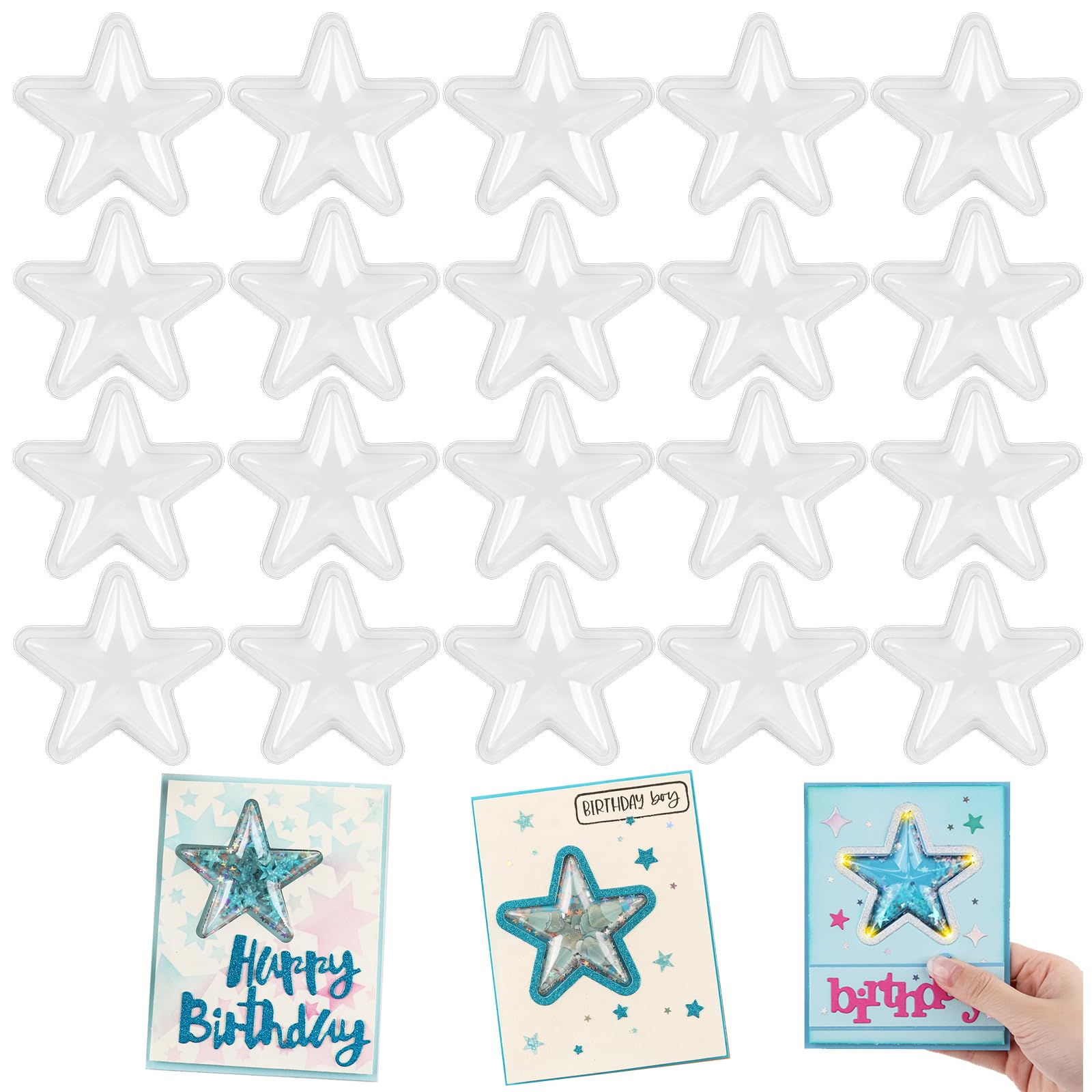 Briartw 20 Pcs 3D Star Shaker Cover for Card Making 2/5" Tall Clear Plastic Shaker Blisters can Fill Liquids Glitter Sequins or Confetti Embellishments for Birthdays Anniversaries Holiday Wishes