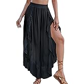 Bsubseach Swim Cover Up Pants for Women Ruffle High Slit Beach Pants Wide Leg Bathing Suit Coverup