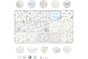 KEIP TAOUN Timeless White Elegance Bracelet Necklace Kit - Glass Beads Making Set | 1000pcs Assorted Beads, 10 Different 8mm Glass Beads, 200pcs 6mm Bicone Crystals