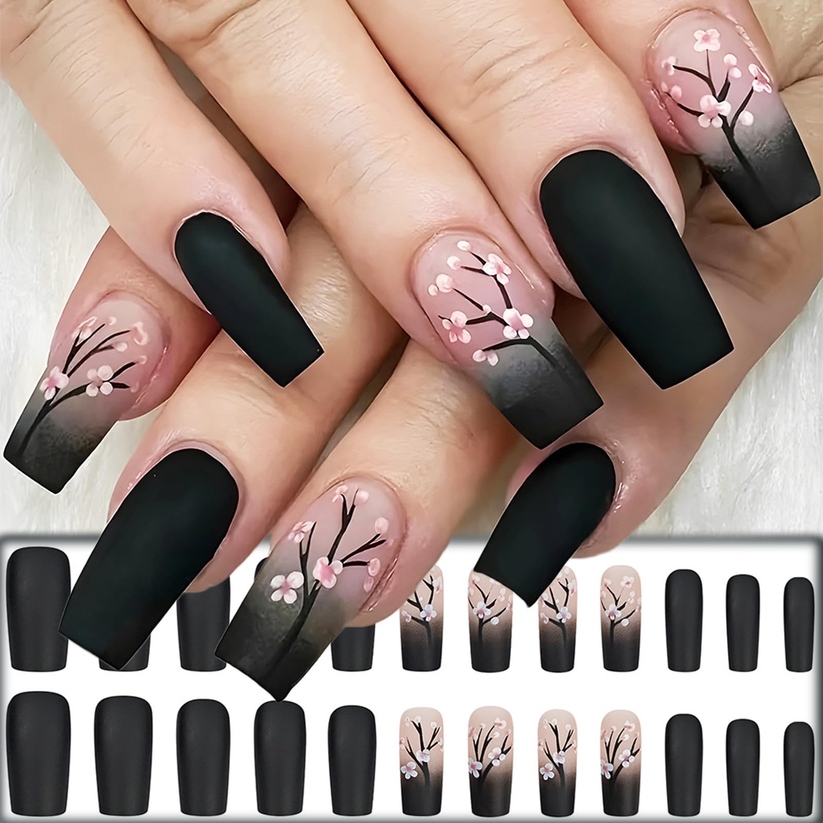 Winter Flower Press on Nails Black Gradient Medium Square False Nails 24 Pcs Glossy Pink Plum Blossom Acrylic Fake Nails Gel Glue on Nails Black French Tips Stick on Nails for Coquette Women Girls - Image 5