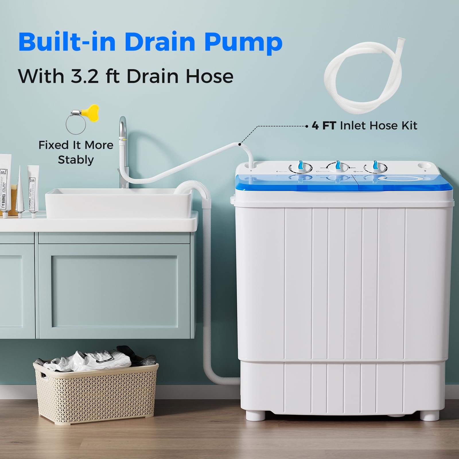 Giantex Portable Washing Machine, 17.6lbs Compact Washer Spinner Combo with Pump Drain, Twin Tub 11lbs Wash & 6.6lbs Spin, Lavadoras Portatiles for Apartment RV Dorm College (White & Blue)