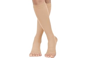 MGANG® Short Length 20-30 mmHg Compression Stocking for Men and Women, Reduced Length, Open Toe, Opaque, Support Hose for Varicose Veins, Edema, DVT, Pregnancy, Beige Large