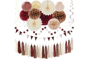 Brown Burgundy Champagne Dusty-Pink Party-Decorations - 33pcs Banner,Streamers Tassel Garland,Fall Boho Baby Shower,Wedding Tissue Pom Poms Honeycomb,Paper Lantern Fan,Birthday,Engagement Hugtmr