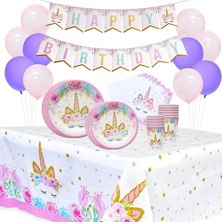 Amazon Co Jp ユニコーンパーティー飾り付け 使い捨て食器 可愛いテーブルクロス 紙皿 紙コップ ナプキン ユニコーンラテックスバルーン ピンクパープル ベビーシャワー 半歳 1歳 誕生日パーティーセット 76枚セット おもちゃ