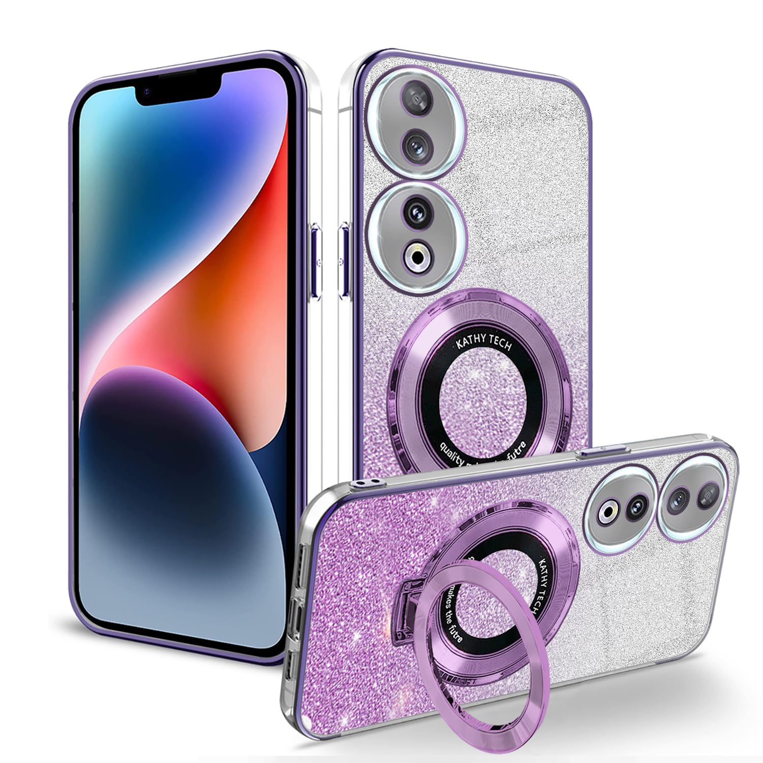 Wousunly Compatible with Honor 90 Smart/Honor X7B Case Clear Glitter, Honor X7B/Honor 90 Smart Phone Case Shockproof with Ring Holder Protective Silicone Cases Bling Plating Bumper Cover (Purple)