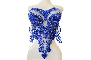 ZBROH Handmade red/Blue/Gold/Green Rhinestones lace Bodice Applique Sewing Beads Crystal Trim Patches Accessory for Dress Clothes (Blue)