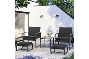 JOIVI 5 Pieces Patio Bistro Set, PE Wicker Outdoor Patio Furniture Set, Modern Rattan Patio Chairs with Table & Ottomans, Patio Conversation Sets for Balcony, Front Porch, Garden, Black Cushion