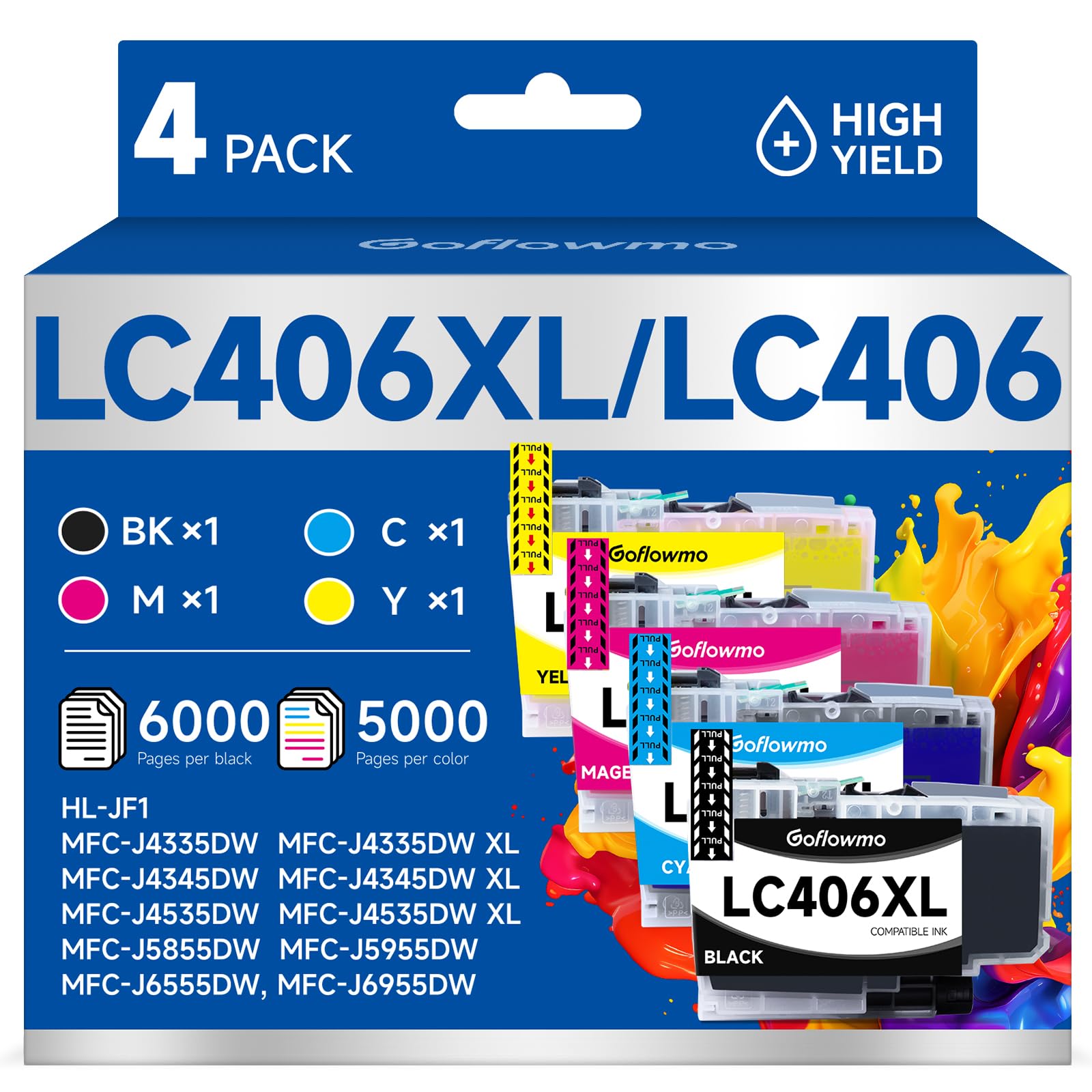 Photo 1 of LC406XL LC406 Ink Cartridges for Brother Printer LC 406 XL 406XL MFC-J4335DW Ink Cartridge Compatible for Brother MFC-J4535DW MFC-J5855DW MFC-J6555DW MFC-J6955DW Printer (4-Pack High Yield, BK/C/M/Y)