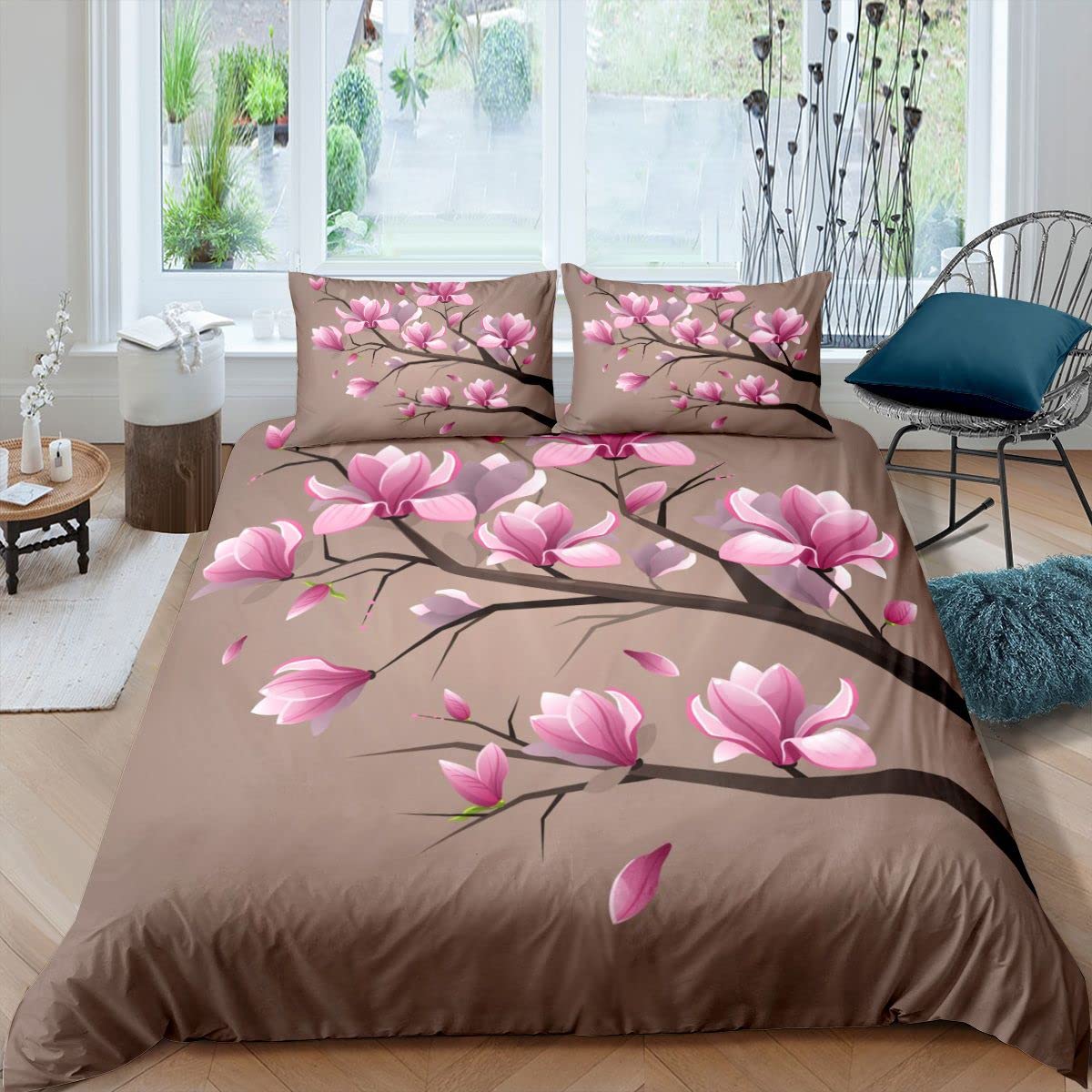 Loussiesd Floral Bedding Set Beach Blossom Duvet Cover for Kids Girls Women Botanical Flowers Branches Comforter Cover Microfiber Bedspread Cover King Size Boys