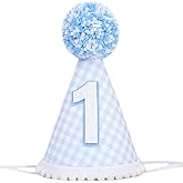 YOUAME Blue Gingham Party Hat - Boy 1st Birthday Party Hats, Baby Blue First Birthday Party Cone Hat, Boys Baby Shower Decorated Headwear, Cake Smash Outfit Props