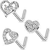 CHARMONLINE 3Pcs 20G Heart Nose Rings 316L Stainless Steel L Shaped CZ Nose Studs Nose Rings Nose Piercing Jewelry for WoLaseredmen Men