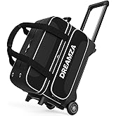 DREAMZA 2 Ball Roller Bowling Bag with Wheels &amp; Separate Shoes Pocket | for Shoes Up to US Mens Size 16, Retractable Handle Up to 40", Accessories Pocket, Effortless Rolling Double Ball Bowling Bag