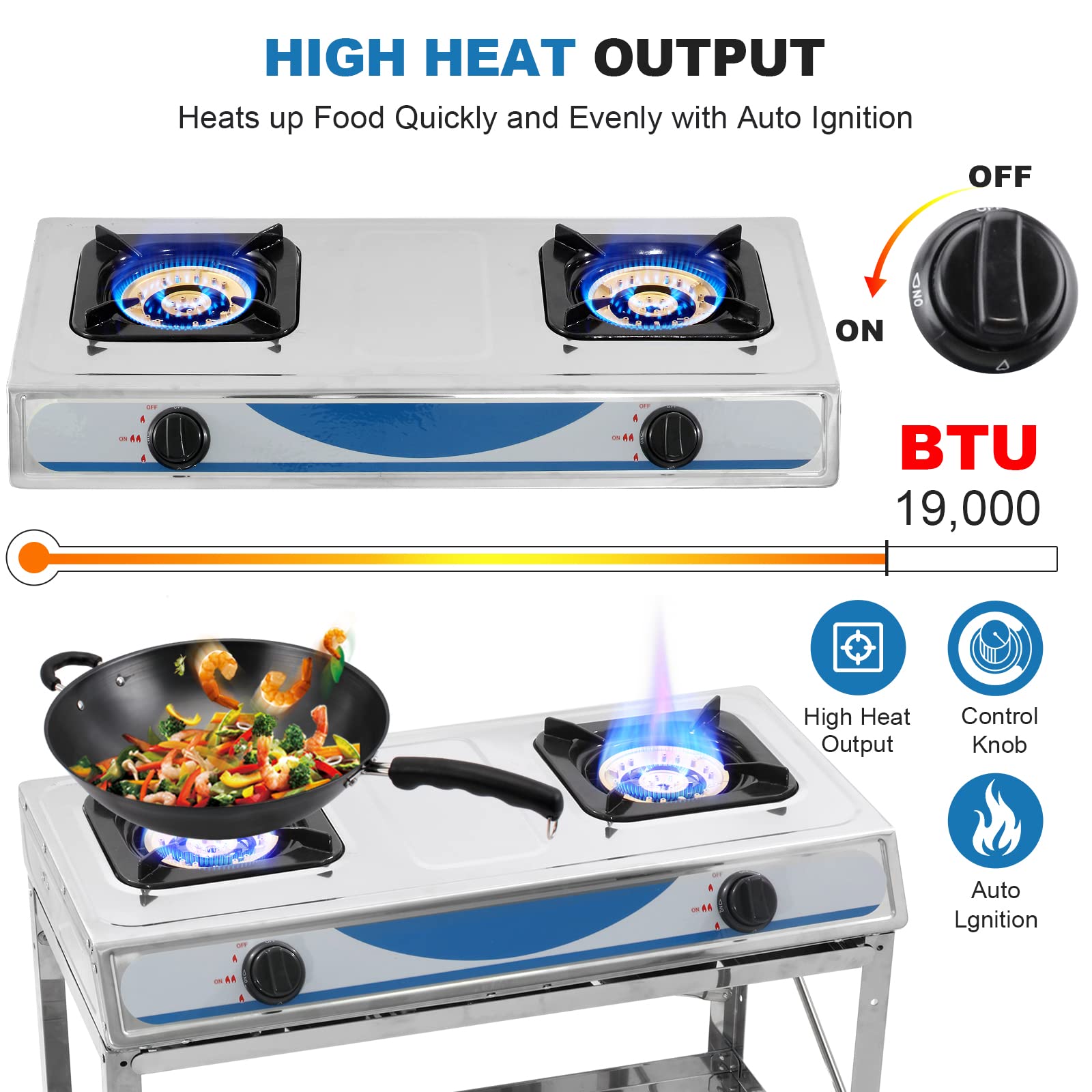 Propane Gas Stove 2 Burner Gas Stove with Removable Leg Stand Portable Gas Stove Auto Ignition Camping Dual Burner LPG for RV, Apartment, Outdoor
