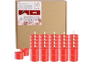 WFMOLCAND Clear Cup Tea Light Candles - Red - Box of 50 - Apple Scented Tealight Candles - Long Burning Time of 8 Hours - Great for All Events