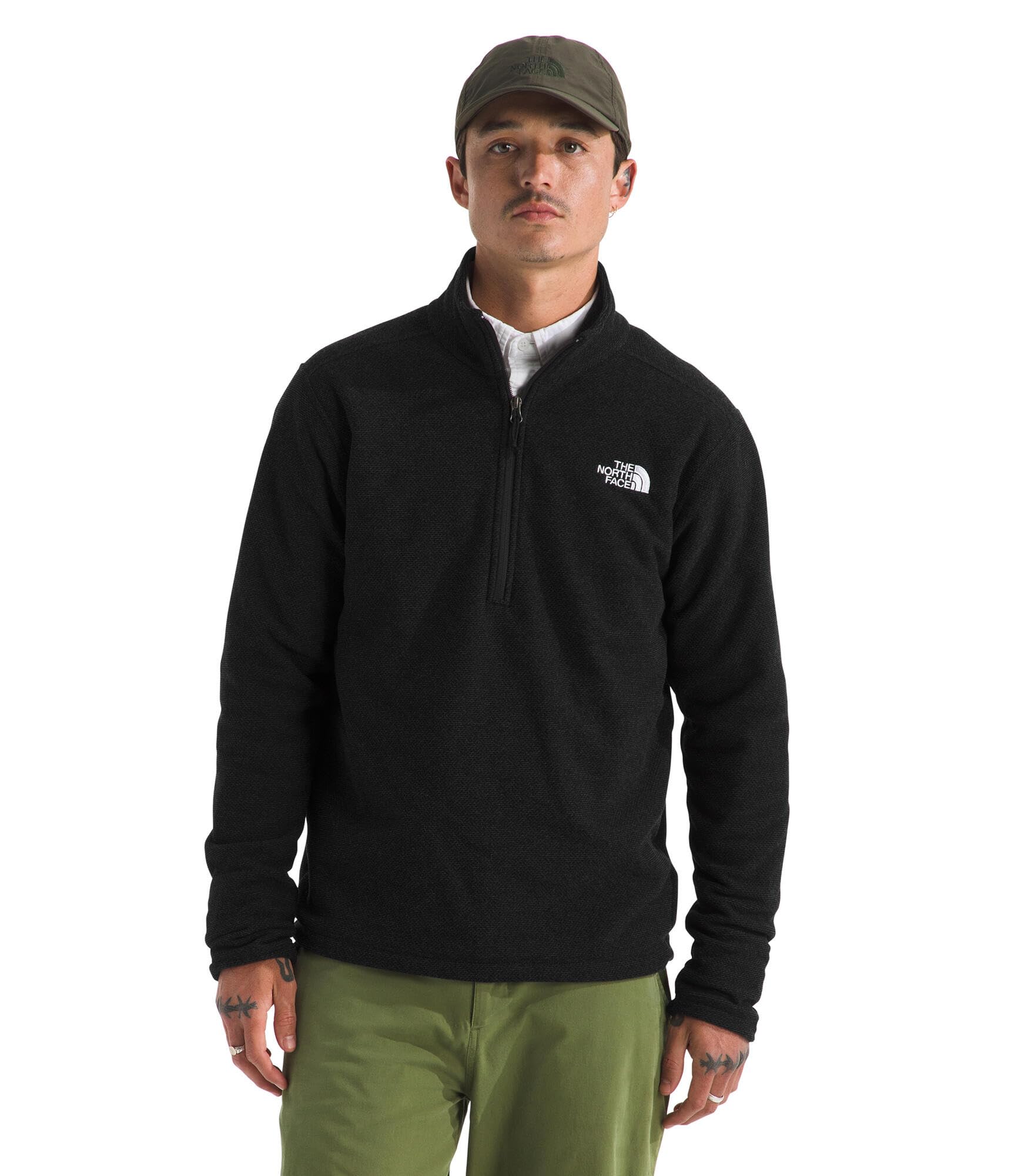 The North Face Men's Textured Cap Rock 1/4 Zip Pullover | Quarter Zip Fleece Jacket with Set In Sleeves, Fold Over Collar & Embroidered Logo, TNF Black Heather, Large Image