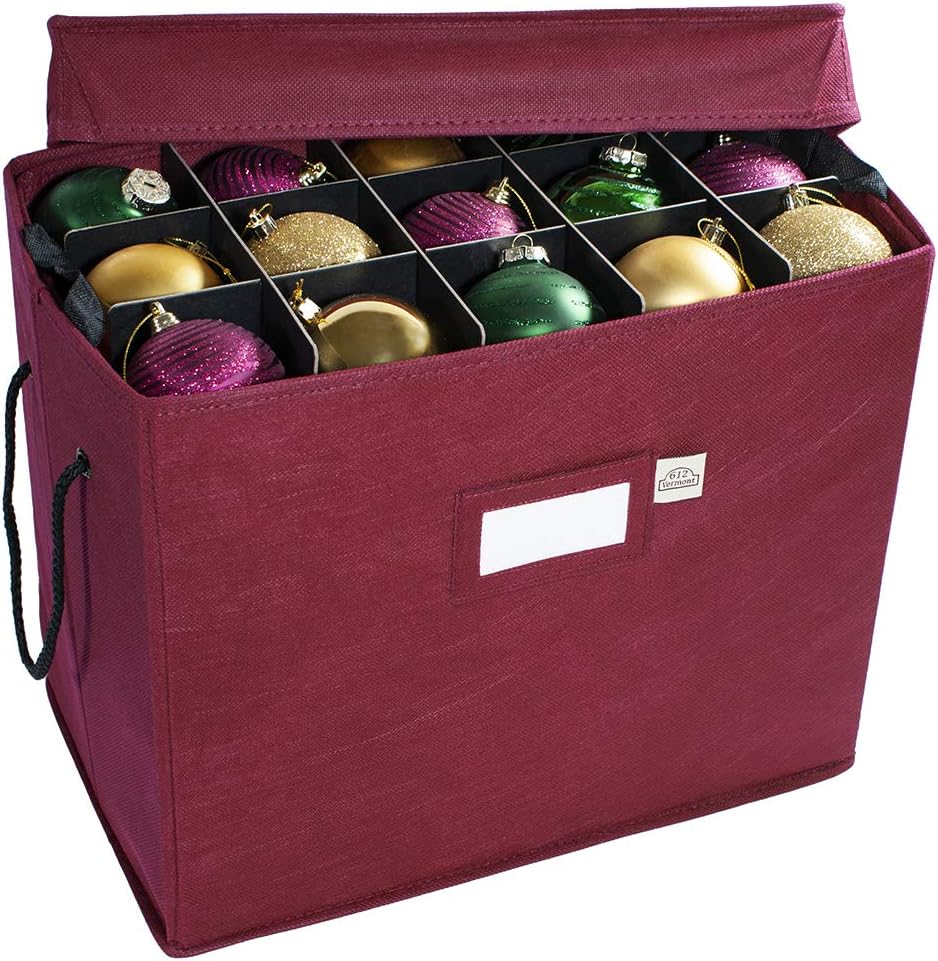 Holiday Décor Storage - 612 Vermont Christmas Ornament Storage Box with Adjustable Acid-Free Dividers, 4 Removable Trays with Handles, 16.25 Inch x 10 Inch x 13 Inch, Holds 60-3 Inch Ornaments