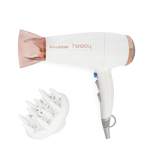 HESLEY BLISS PROFESSIONAL IONIC HAIR DRYER 2200 WATTS WITH DIFFUSER, COOL SHOT KNOB