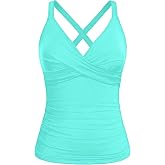 Women Underwire Tankini Top Only Tummy Control Bathing Suit Swim Top 2026 | Twist Front, V Neck, Criss Cross Back, Adjustable Straps, Removable Bras, Full Lining