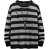 Verdusa Men's Distressed Contrast Binding Round Neck Sweater Striped Long Sleeve Knit Top