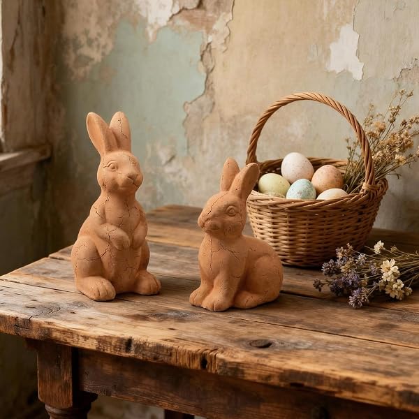 FOLDTIER 2 PCS EASTER TERRACOTTA BUNNY FIGURINES DECORATIONS HANDMADE RUSTIC RABBIT STATUES EASTER VINTAGE STANDING SITTING RABBIT FARMHOUSE BUNNY DECOR FOR SPRING HOME INDOOR TABLE SHELF CENTERPIECE