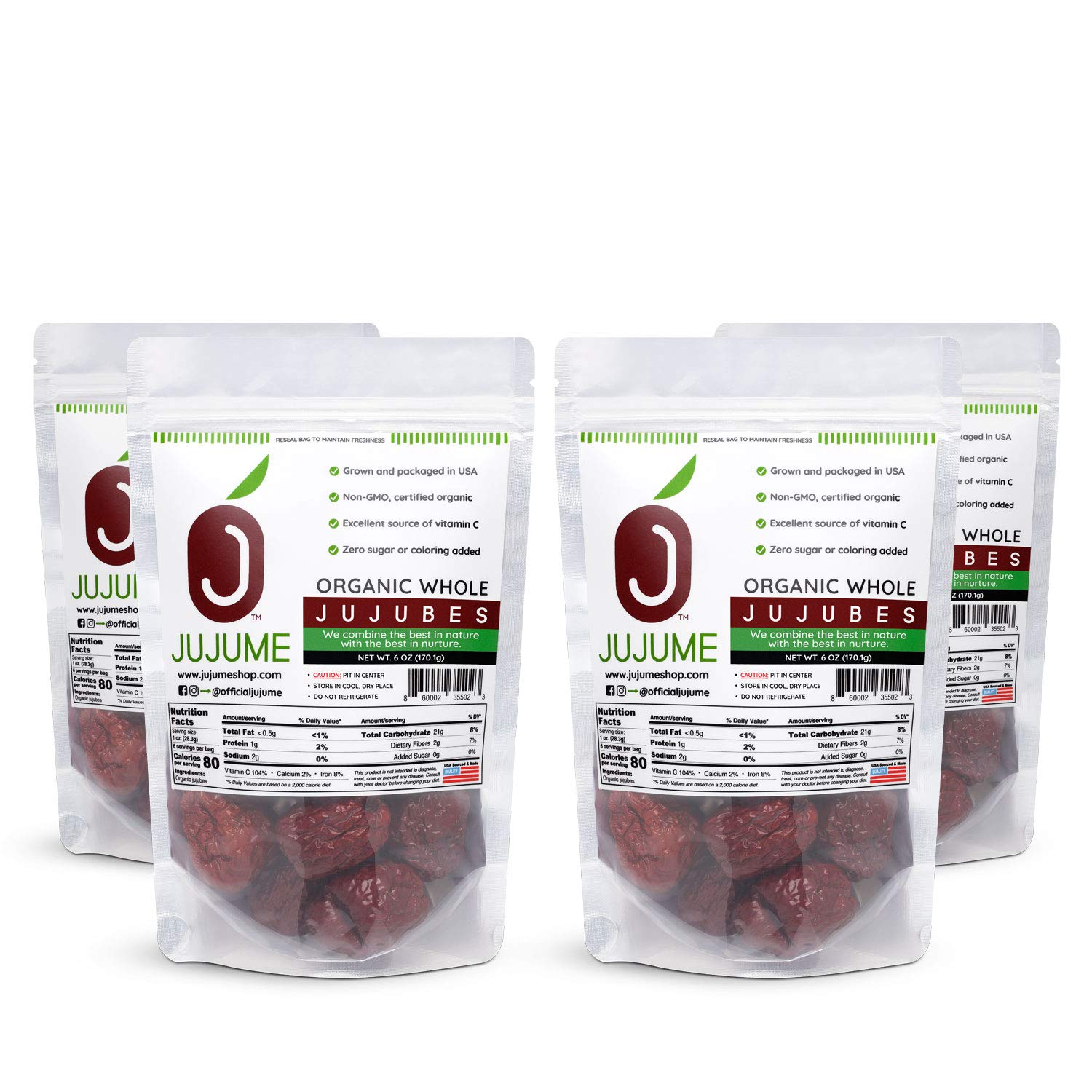 California Grown Superfood | JUJUME Organic Whole Jujubes | Dried Nutraceutical Fruit | Healthy Non-GMO Snack | 4-pack 6 ounce bags