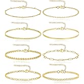 Wrlcorly 8Pcs Bracelets Stainless Steel Chain Bracelet Satellite Bead Box Herringbone Rope Paperclip Figaro Cuban Link Bracelet for Women Silver Gold Plated 6.5 Inches Adjustable