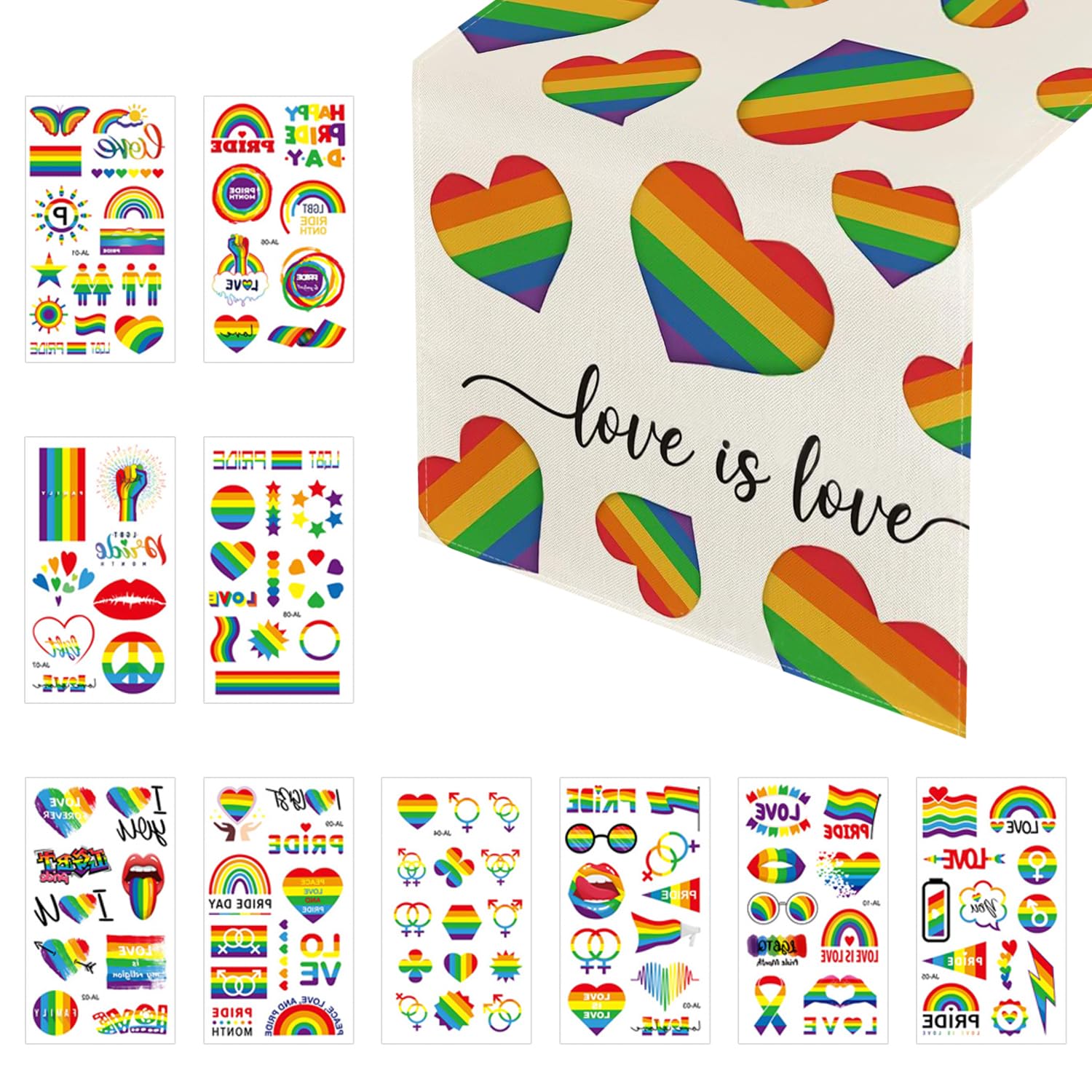 1 Heart Rainbow Tablecloth, 10 Rainbow Face Stickers, Pride Party Tablecloth, Colorful Striped Table Runner, Long Table Runner, Party Table Decoration