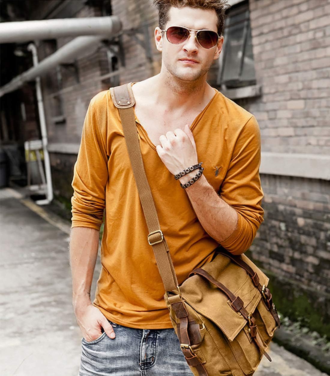 FANDARE 14 Inch Laptop Shoulder Bag Unisex Canvas Messenger Bag for Men/Women, Khaki, L, Leisure Backpack - Image 3