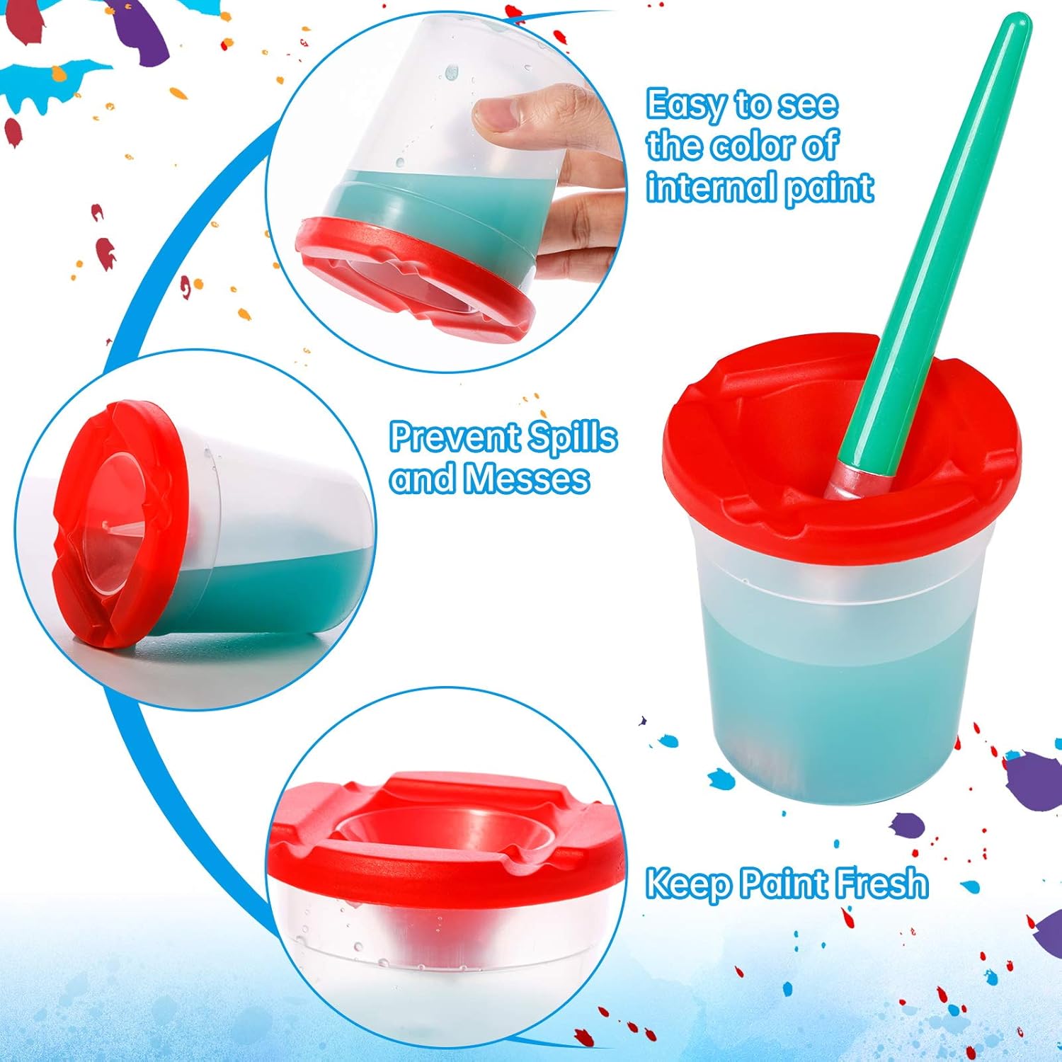 Kids Spill-Proof Paint Cups, Children's No Spill Paint Cups with Colored Lids, Easy to Clean, Kids Art Paint Supplies for School, Classroom, 3.5 Inches Tall: Kitchen & Dining