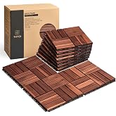 THYOI Premium Deck Tiles, 10 Pcs Patio Flooring - Brown - Crossed Pattern | Square Joints - Interlocking Deck Tiles, 12"x12"x0.9" Waterproof Acacia Wood for Balcony, Backyard, Indoor &amp; Outdoor