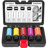 BILITOOLS 1/2 inch Drive Impact Lug Nut Socket Set, Metric 17-19 - 21 mm & SAE 13/16-7/8 inch Non-Marring Thin Wall Wheel Nut Socket
