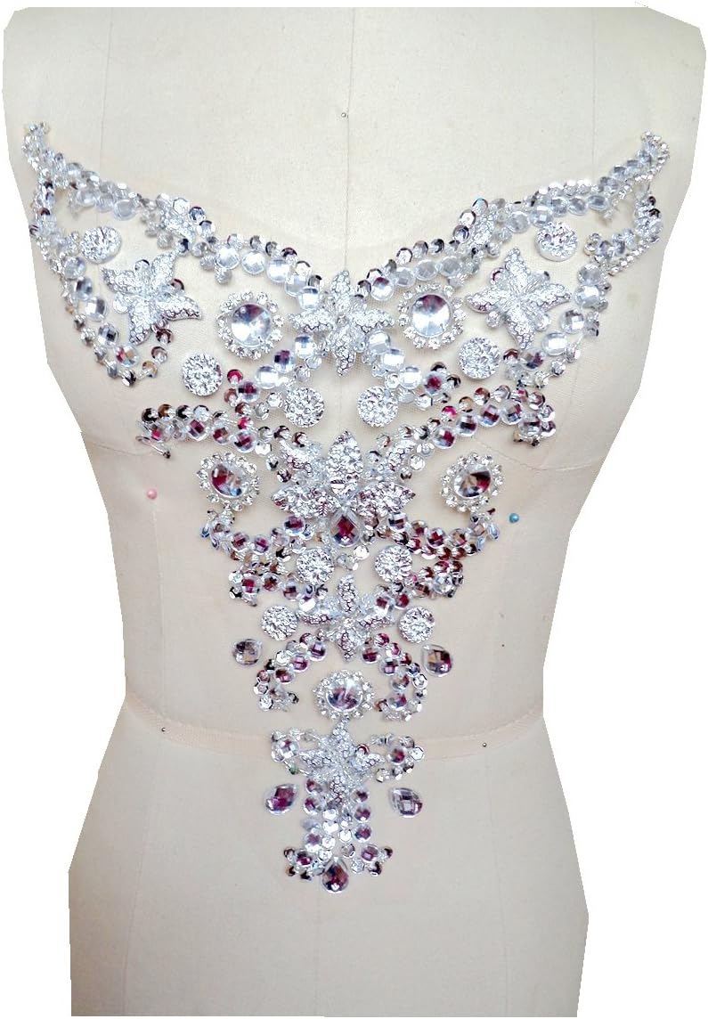 Zbroh 30X28cm handmade crystal patches trim Silver rhinestones applique Manual Made Stones Sew On Bridal Beaded Trim Wedding Trims
