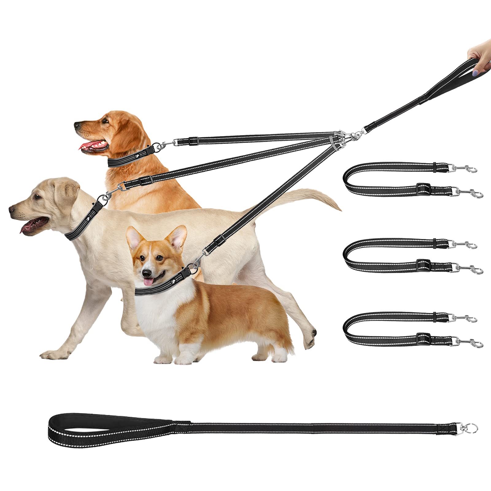 3 Dog Lead, Reflective Detachable 3 Way Dog Leash Handle padded Adjustable Triple Dog Coupler Traction Rope for Walking One, Two, Three Dogs Black