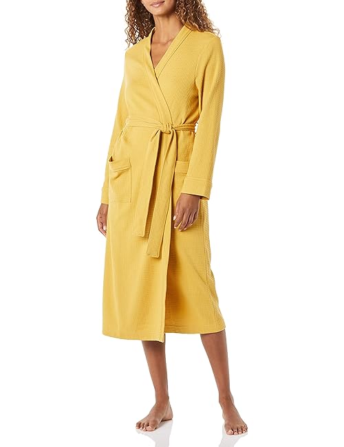 Amazon Essentials Women's Lightweight Waffle Full-Length Robe (Available in Plus Size), Mustard Yellow, Medium