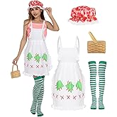 WATCPNO 4Pcs Sweet Style Costume Accerories Set With A Strawberry Printed Women's Hat, A Ruffled Apron, Striped Stockings and A Wicker Basket Suitable for Halloween Role-playing