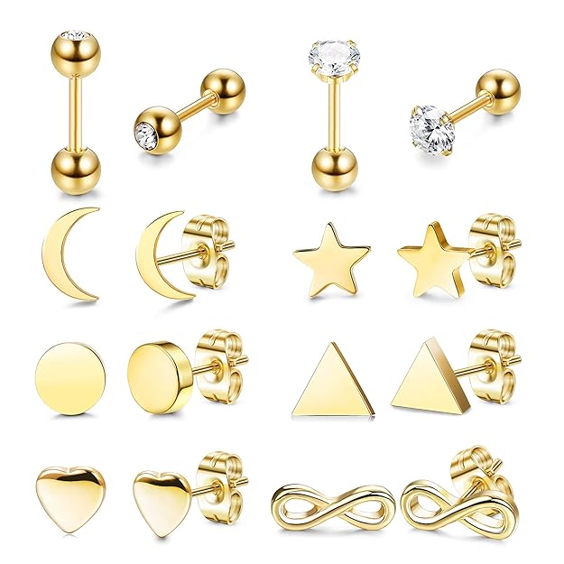 Yadoca 8 Paar Edelstahl Ohrstecker Set für Frauen Mädchen Herz Mond Star Unendlichkeit Runde Kugel CZ Knorpel Wendel Ohrlochp