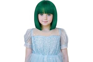 YTbeauty Kids Wig Bob Wig with Bangs for Girls Green Short Natural Straight Bob Wig for Cosplay Halloween Party Heat Resistant Synthetic Costume Child Wig with Wig Cap(Dark Green)