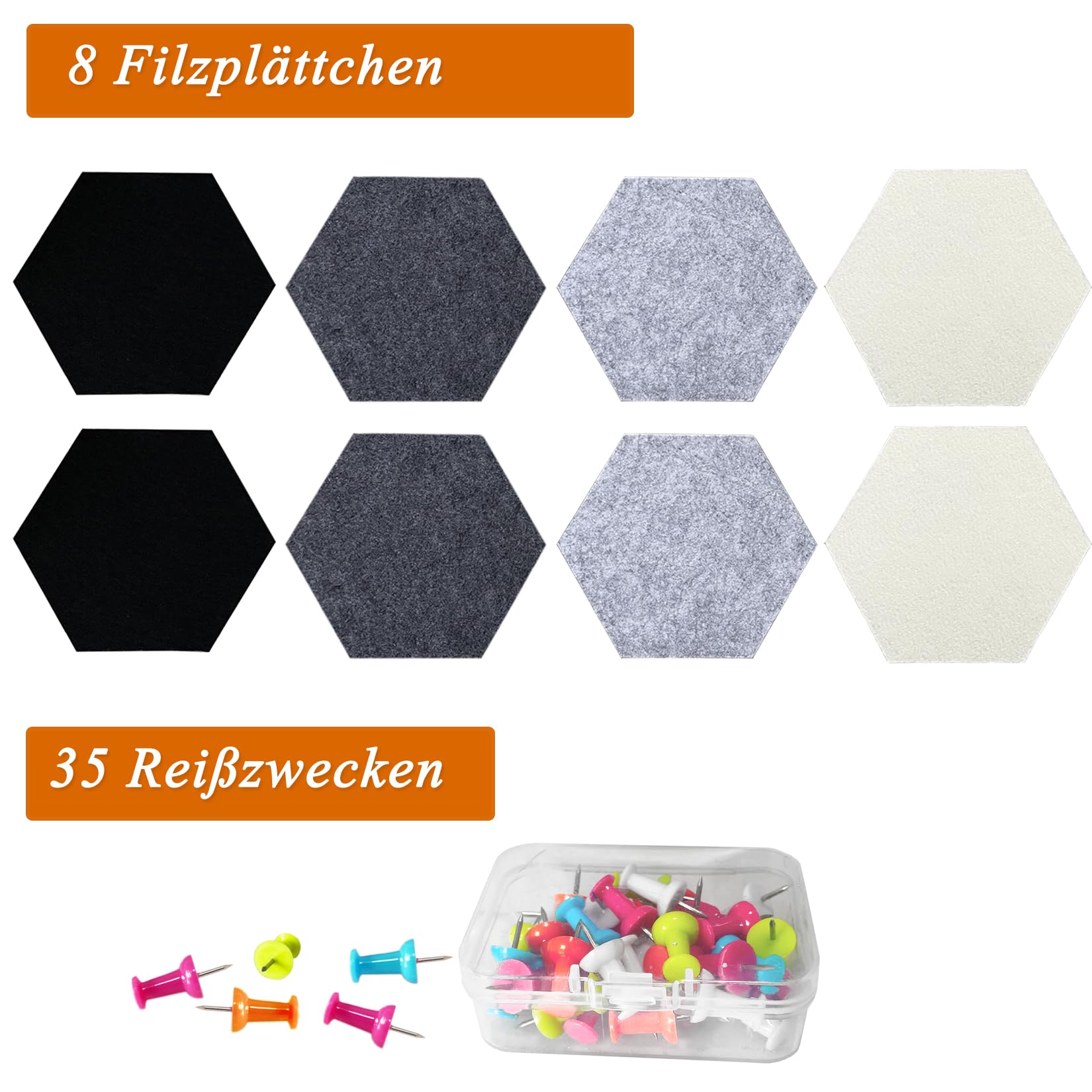 HULAVO Sechseckige Filz Pinnwand, 8 Stück Selbstklebende Heimwerken Pinnwand mit 35 Pinnnadeln für Büro, Schule, Zuhause, Wanddekoration, Aufkleber, Memos, Foto(Grauverlauf) 5